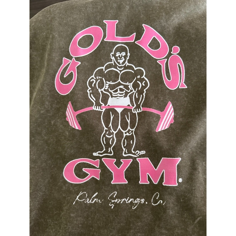 Gold's‎ Gym Palm Springs CA Hoodie Sweatshirt M Brown Pink Graphic Mineral Wash